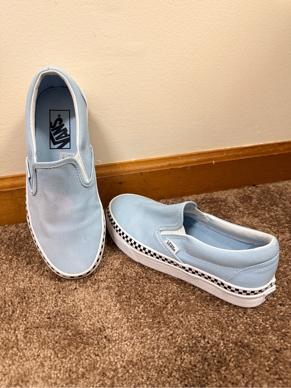 Vans Slip-On Sneakers in Pale Blue with Checkerboard Trim
